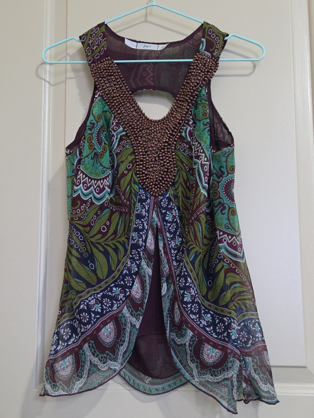 Gibson Bohemian Beaded Neckline Green Paisley Sleeveless Top
